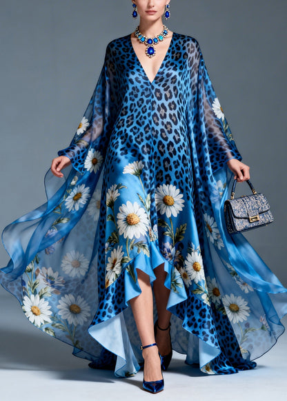 Bohemian Print Ruffled Asymmetrical Design Patchwork Silk Dresses Summer