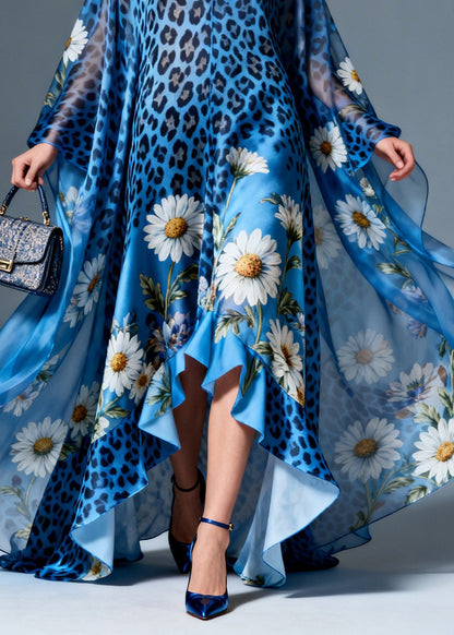 Bohemian Print Ruffled Asymmetrical Design Patchwork Silk Dresses Summer
