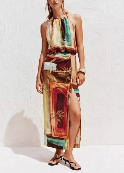 Bohemian Print Side Open Backless Cotton Dresses Sleeveless