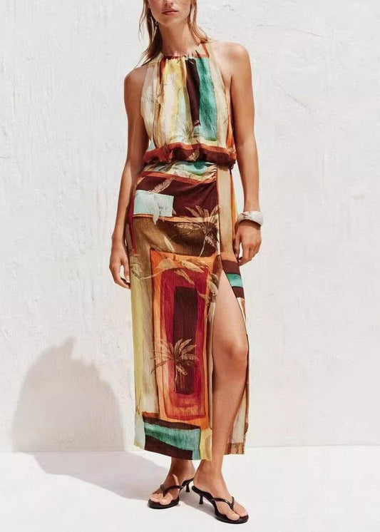 Bohemian Print Side Open Backless Cotton Dresses Sleeveless