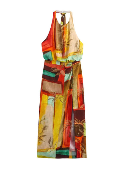 Bohemian Print Side Open Backless Cotton Dresses Sleeveless