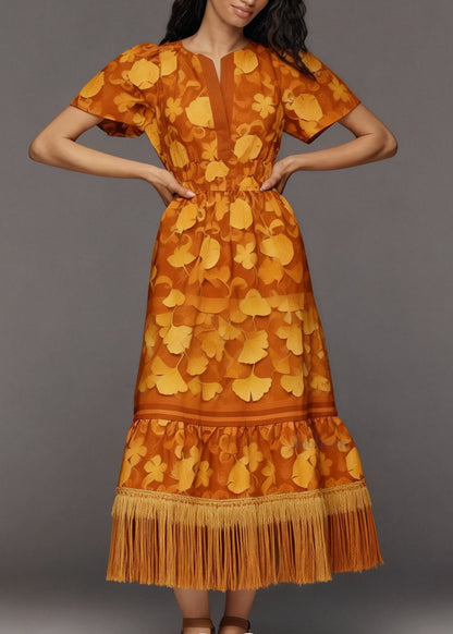 Bohemian Print Tasseled Patchwork Cotton Long Dress Summer