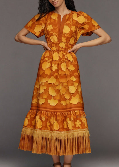 Bohemian Print Tasseled Patchwork Cotton Long Dress Summer