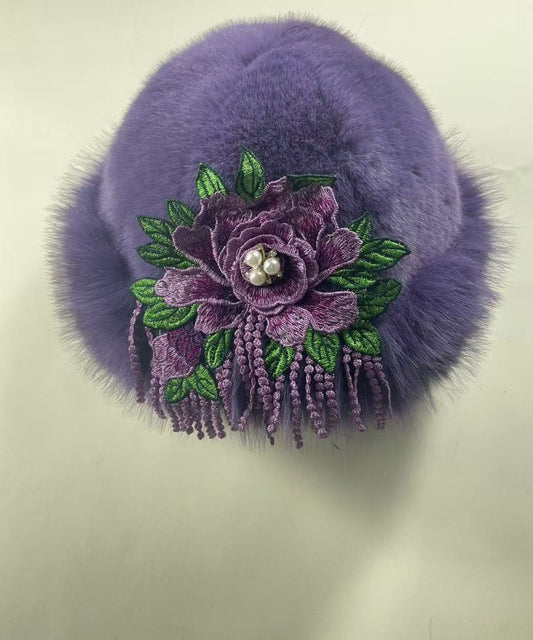 Sombrero de pescador de piel sintética con bordado morado bohemio