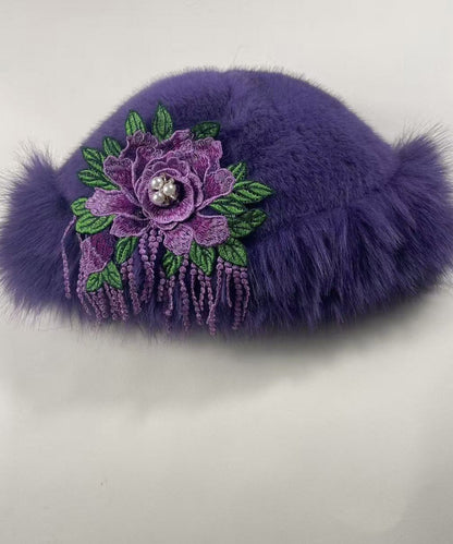 Bohemian Purple Embroidered Faux Fur Bucket Hat