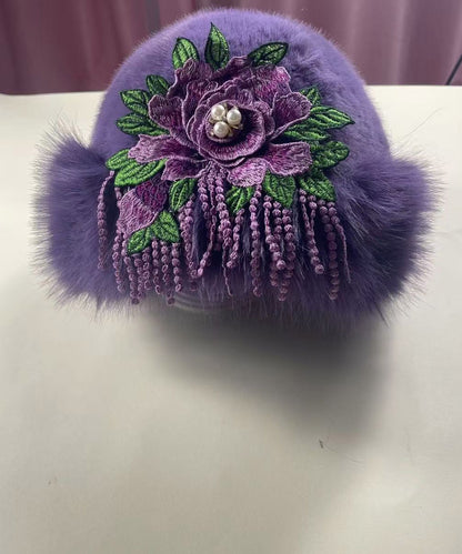 Bohemian Purple Embroidered Faux Fur Bucket Hat