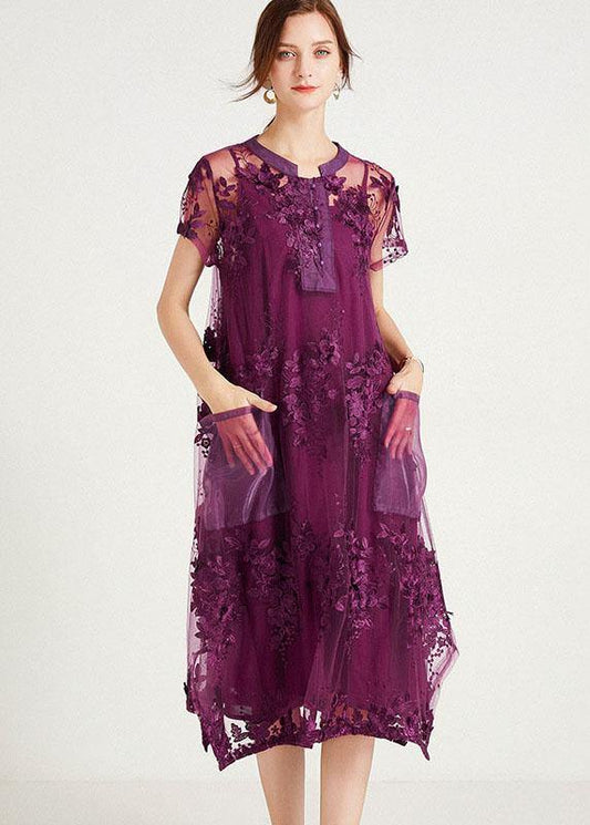 Bohemian Purple Fashion O-Neck A Line Summer Short Sleeve Two Pieces Set - SooLinen