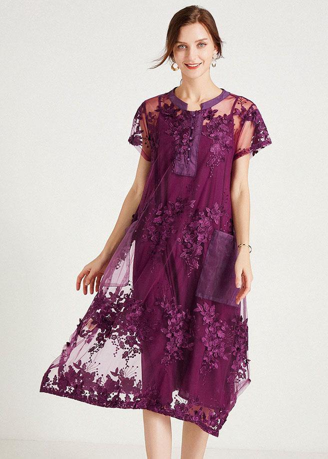 Bohemian Purple Fashion O-Neck A Line Summer Short Sleeve Two Pieces Set - SooLinen