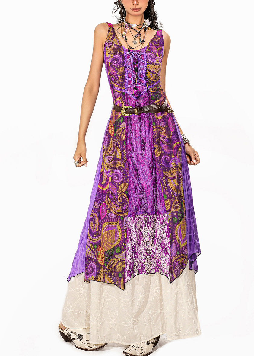Bohemian Purple Lace Patchwork Long Spaghetti Strap Dress And Maxi Skirt Two-Piece Set Summer