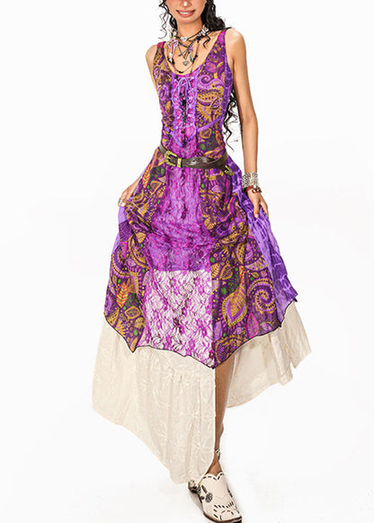 Bohemian Purple Lace Patchwork Long Spaghetti Strap Dress And Maxi Skirt Two-Piece Set Summer