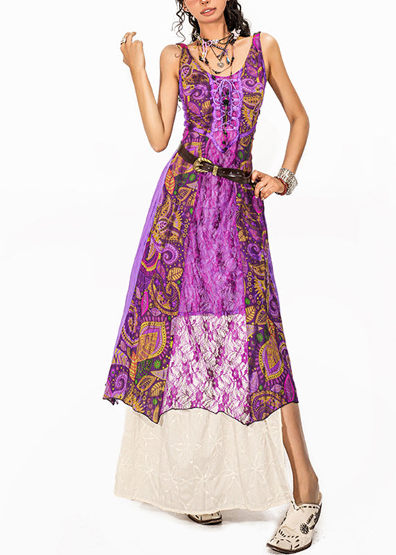 Bohemian Purple Lace Patchwork Long Spaghetti Strap Dress And Maxi Skirt Two-Piece Set Summer