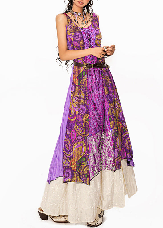 Bohemian Purple Lace Patchwork Long Spaghetti Strap Dress And Maxi Skirt Two-Piece Set Summer