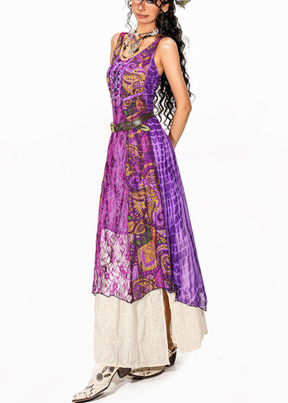Bohemian Purple Lace Patchwork Long Spaghetti Strap Dress And Maxi Skirt Two-Piece Set Summer