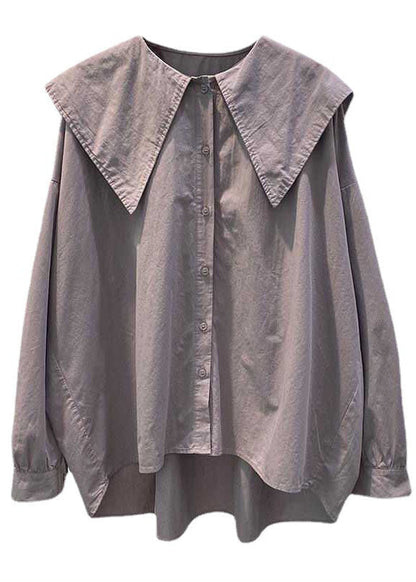 Boho grün Peter Pan Kragen Knopf asymmetrisches Design Herbst Langarm Top