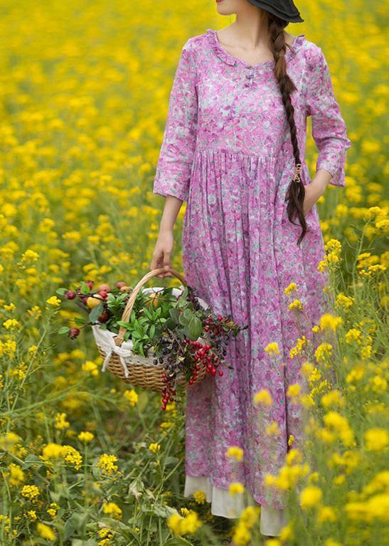 Bohemian Purple Print Quilting Dresses O Neck Ruffles Maxi Summer Dress - SooLinen