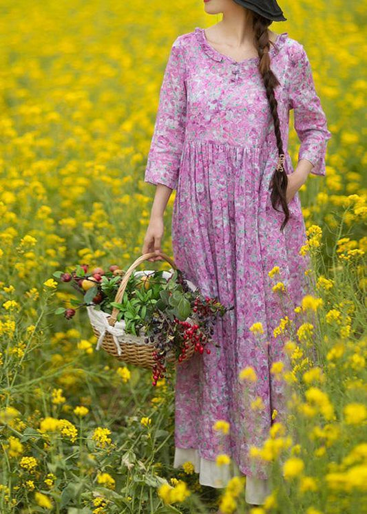 Bohemian Purple Print Quilting Dresses O Neck Ruffles Maxi Summer Dress - SooLinen