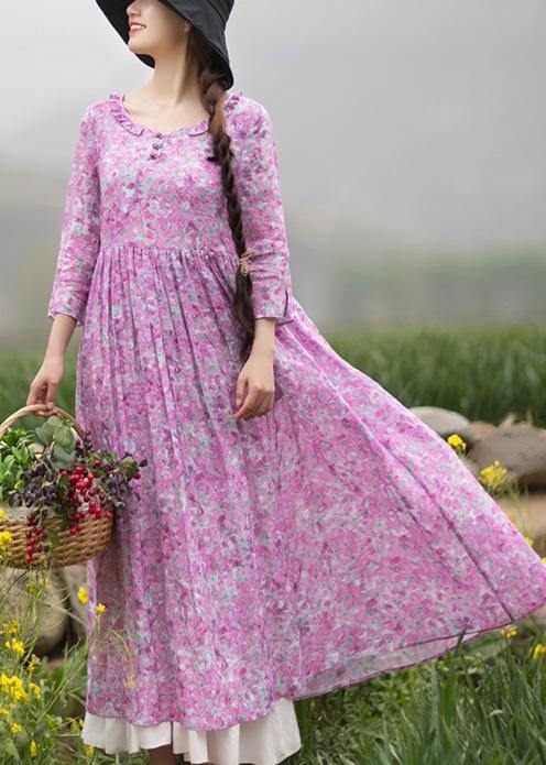 Bohemian Purple Print Quilting Dresses O Neck Ruffles Maxi Summer Dress - SooLinen