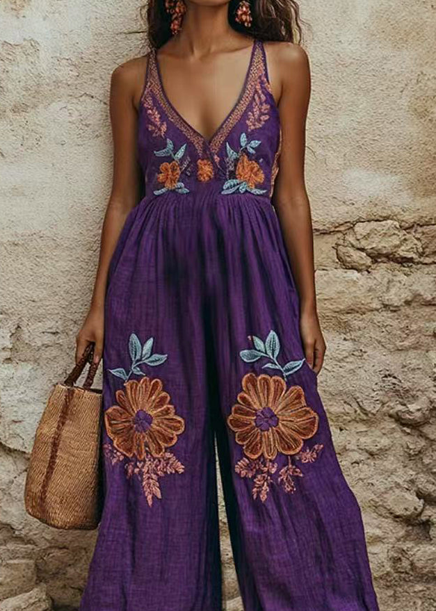 Bohemian Purple Print Wrinkled Wide Leg Jumpsuit Summer