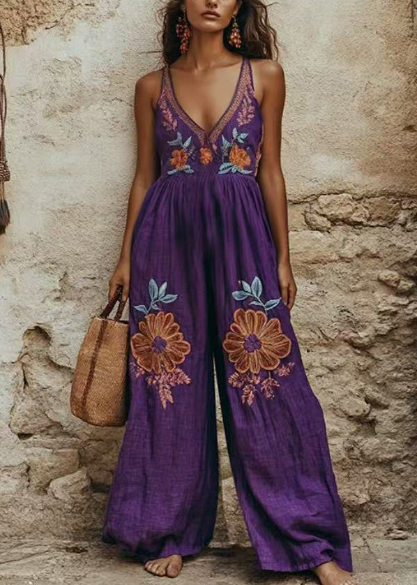 Bohemian Purple Print Wrinkled Wide Leg Jumpsuit Summer