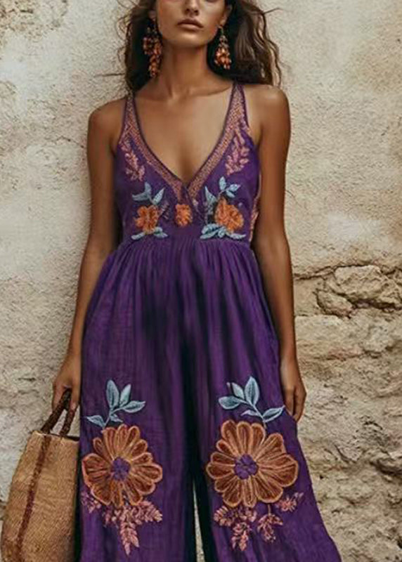 Bohemian Purple Print Wrinkled Wide Leg Jumpsuit Summer