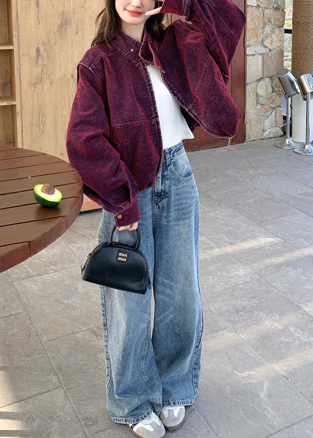 Chaqueta vaquera desmontable con cuello alto morado bohemio para primavera