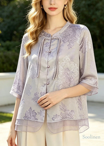 Bohemian Purple Tasseled Jacquard Silk Blouse Top Summer