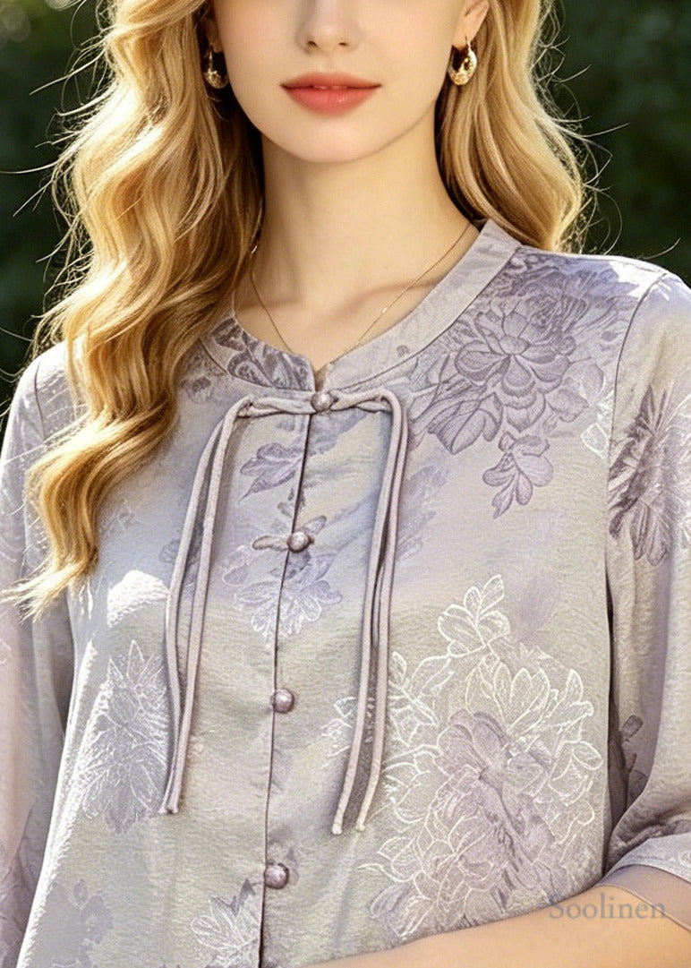 Bohemian Purple Tasseled Jacquard Silk Blouse Top Summer