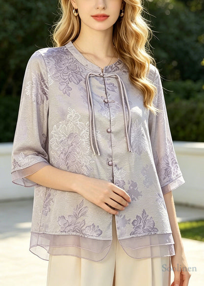 Bohemian Purple Tasseled Jacquard Silk Blouse Top Summer
