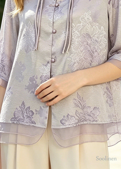 Bohemian Purple Tasseled Jacquard Silk Blouse Top Summer