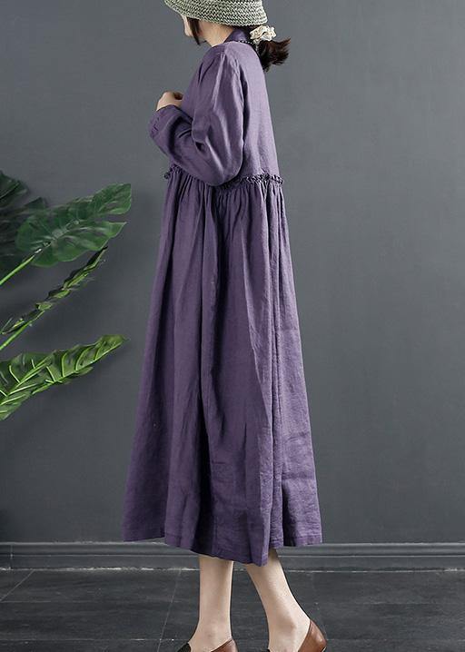 Bohemian Purple Tunic Pattern Lapel Ruffles Long Dress - SooLinen