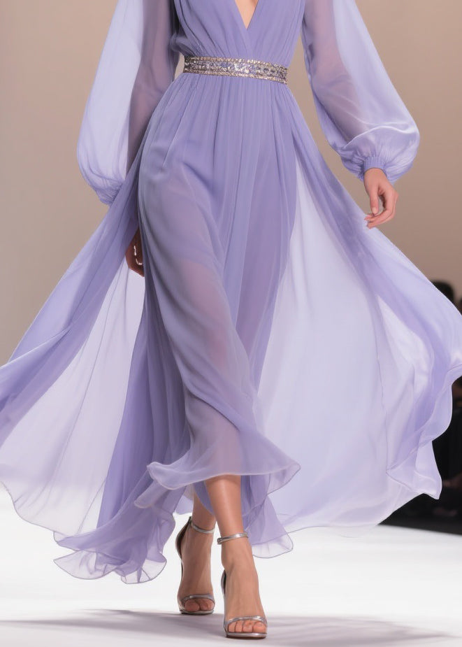 Bohemian Purple V Neck Wrinkled Chiffon Exra Large Hem Dresses Spring