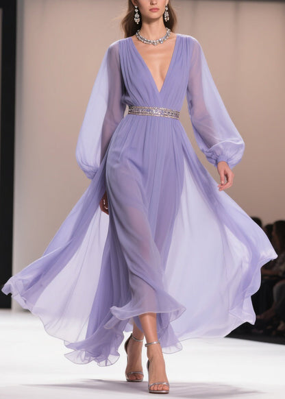 Bohemian Purple V Neck Wrinkled Chiffon Exra Large Hem Dresses Spring