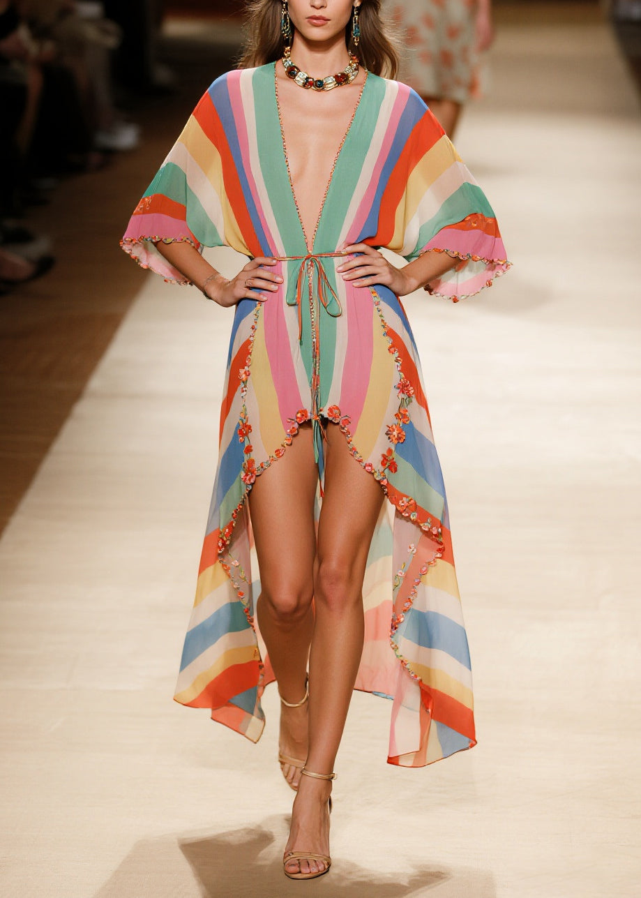 Bohemian Rainbow Asymmetrical Striped Chiffon Beach Dress Summer