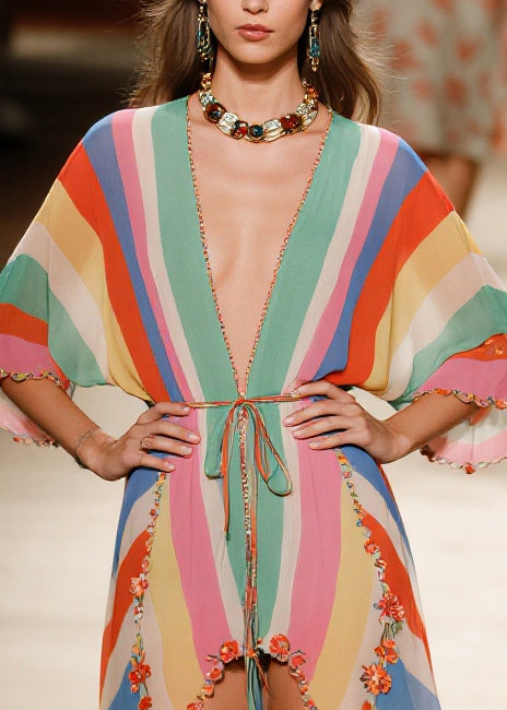 Bohemian Rainbow Asymmetrical Striped Chiffon Beach Dress Summer