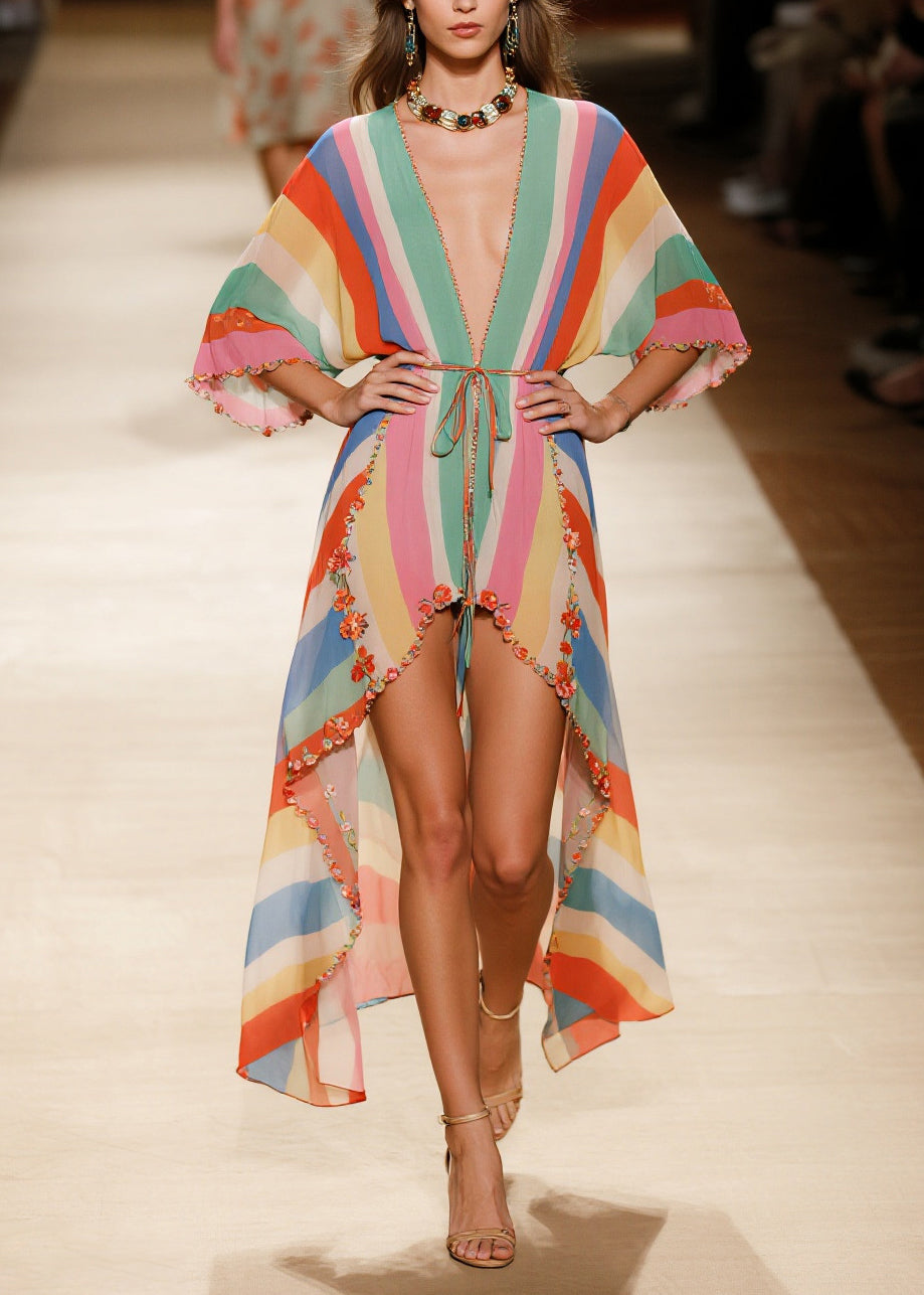 Bohemian Rainbow Asymmetrical Striped Chiffon Beach Dress Summer