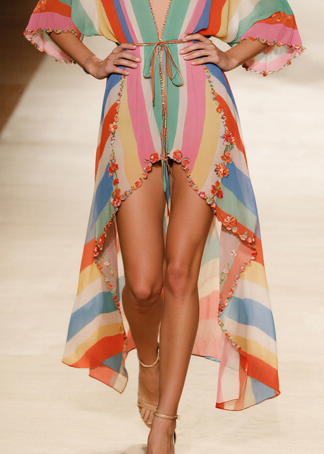 Bohemian Rainbow Asymmetrical Striped Chiffon Beach Dress Summer