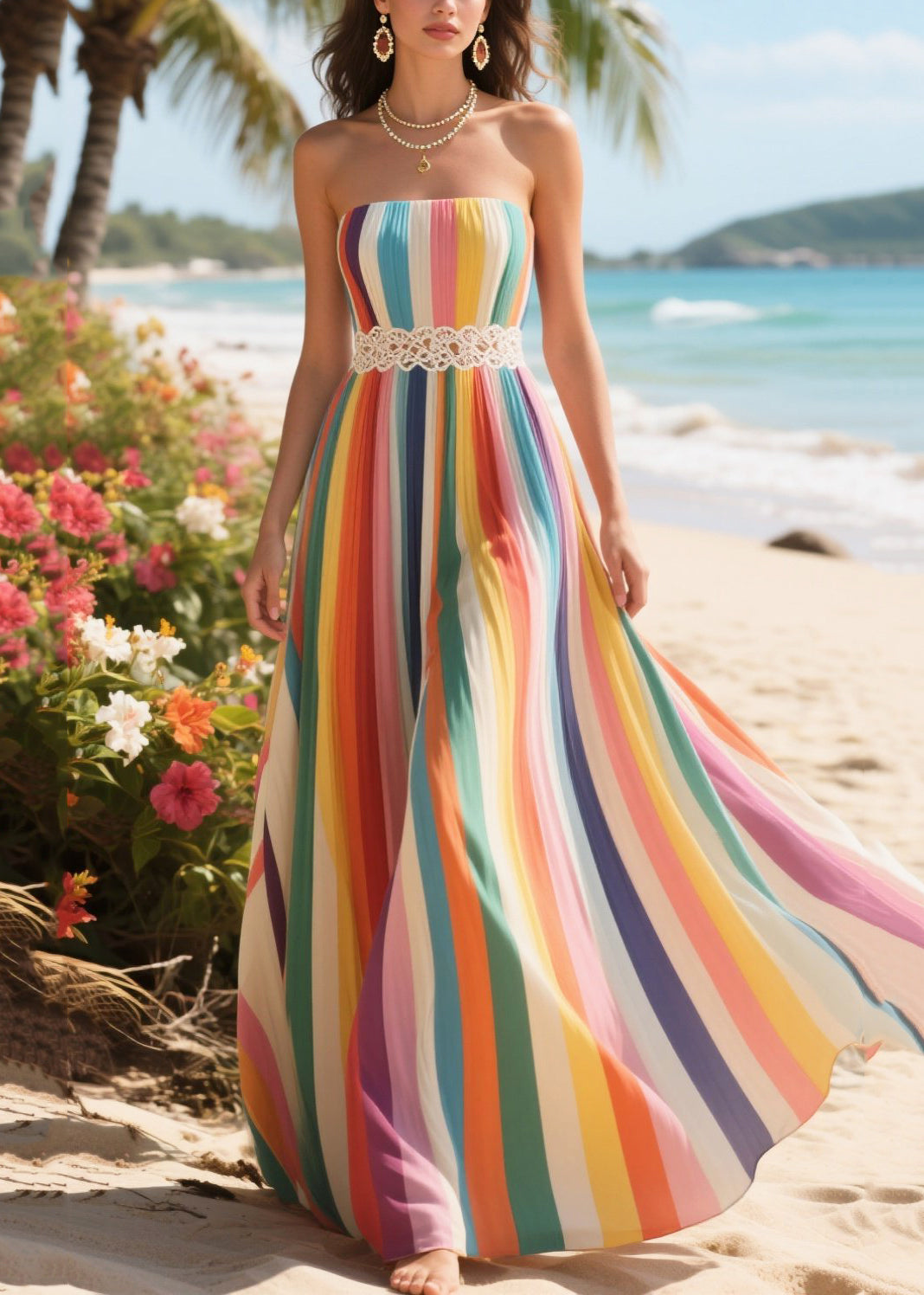 Bohemian Rainbow Striped Chiffon Strapless Dresses Summer