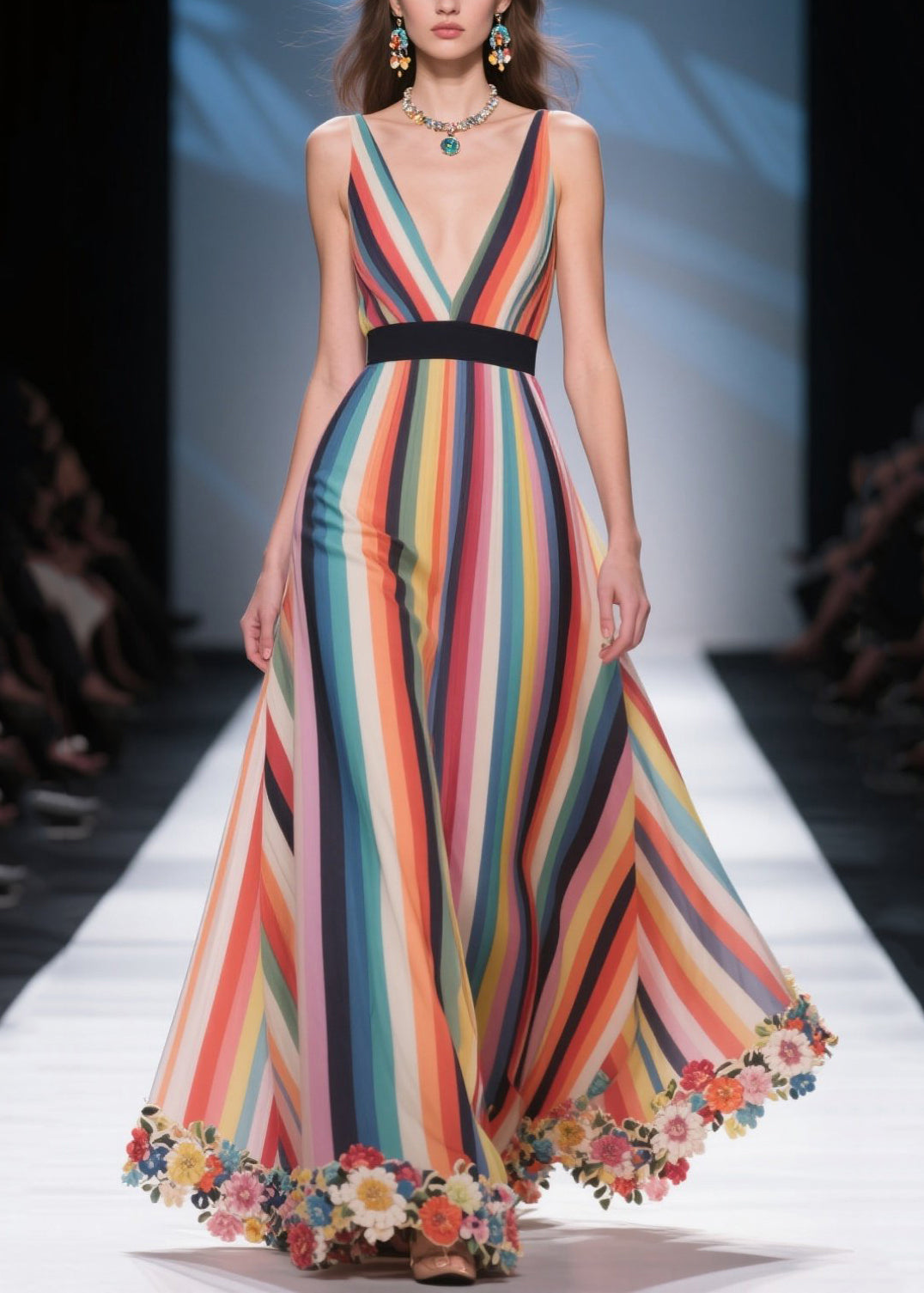 Bohemian Rainbow Striped Patchwork Flower Chiffon Tunic Dress Summer