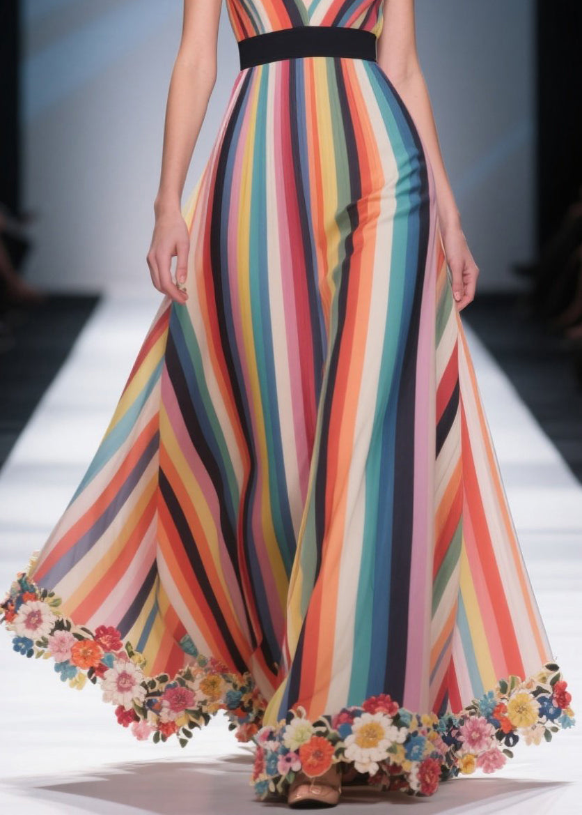 Bohemian Rainbow Striped Patchwork Flower Chiffon Tunic Dress Summer