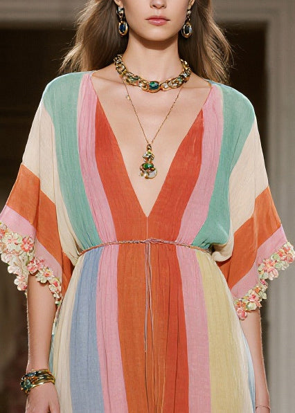 Bohemian Rainbow V Neck Striped Cotton Maxi Dresses Summer