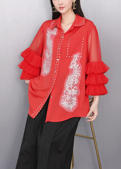 Bohemian Red Embroidered Chiffon Top Flare Sleeve