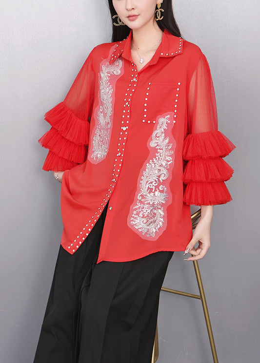 Bohemian Red Embroidered Chiffon Top Flare Sleeve