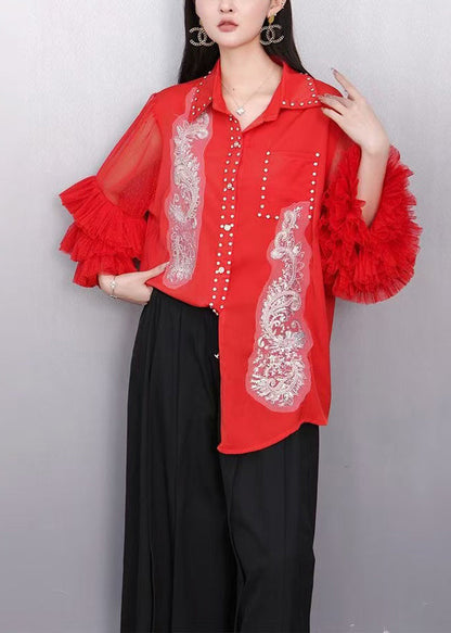 Bohemian Red Embroidered Chiffon Top Flare Sleeve