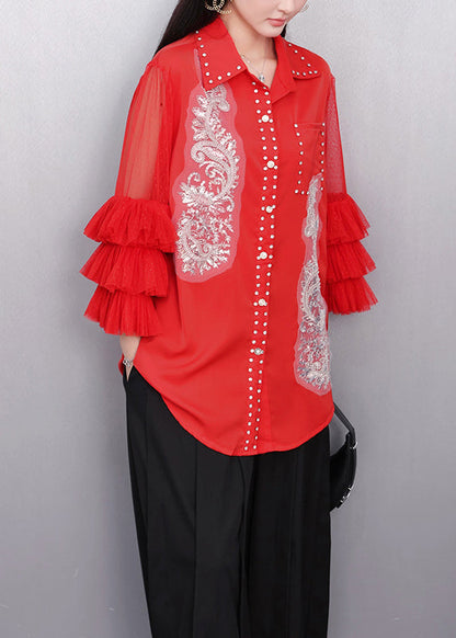 Bohemian Red Embroidered Chiffon Top Flare Sleeve