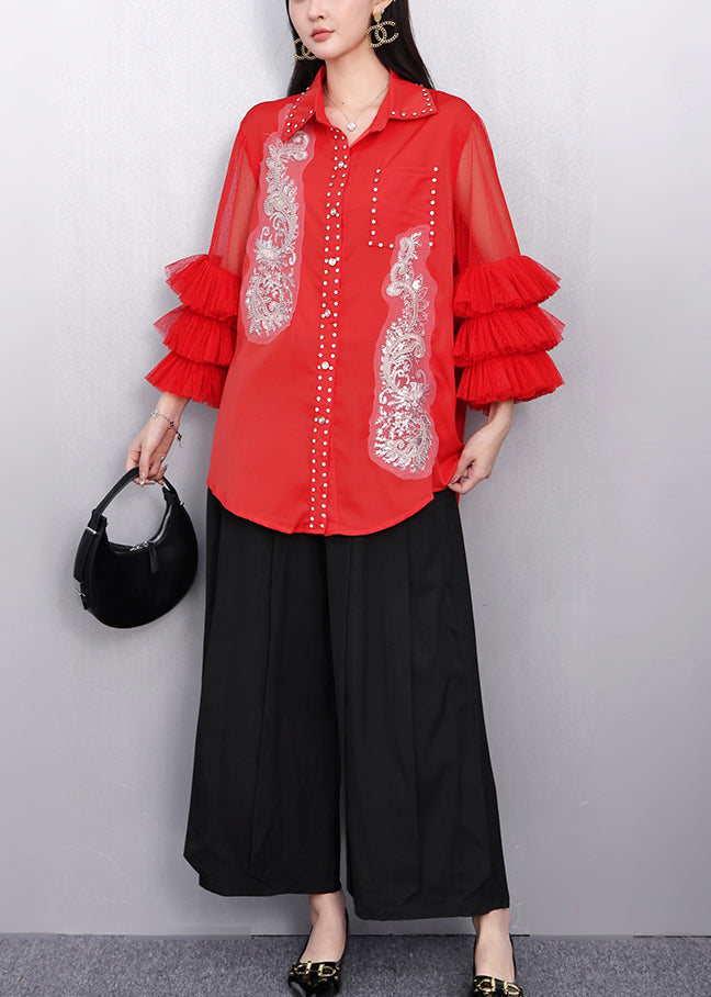 Bohemian Red Embroidered Chiffon Top Flare Sleeve