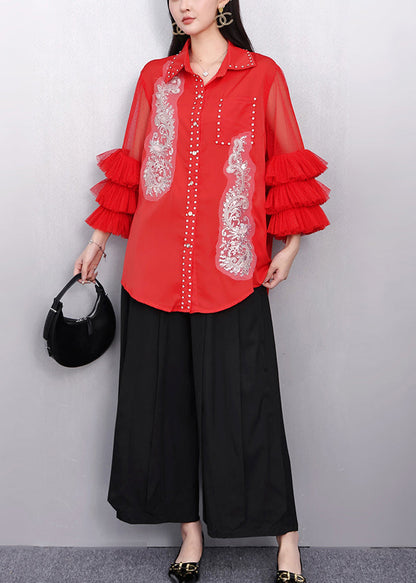 Bohemian Red Embroidered Chiffon Top Flare Sleeve