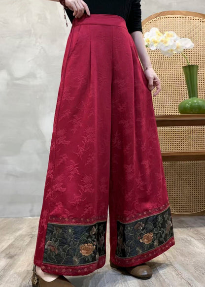 Rote, bestickte Jacquard-Baumwollhose im Boho-Stil für den Frühling