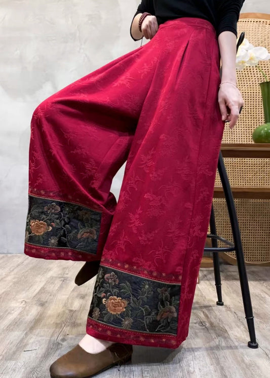 Rote, bestickte Jacquard-Baumwollhose im Boho-Stil für den Frühling