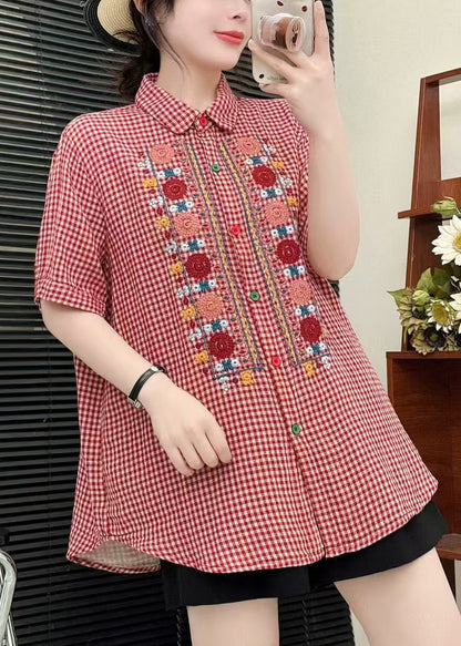 Bohemian Red Embroidered Plaid Linen Tops Summer
