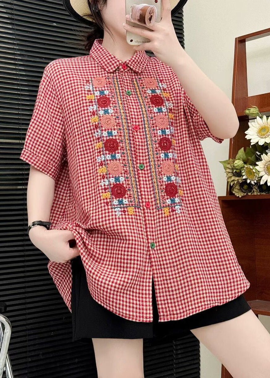 Bohemian Red Embroidered Plaid Linen Tops Summer